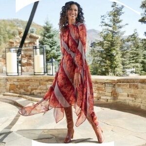 Soft Surroundings Woodland Floral Midi Dress XL Assymetrical Hem‎ Chiffon NEW